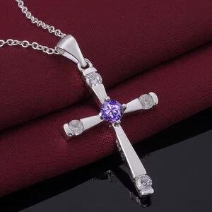 NEW Elegant Silver and Purple Cross Pendant Necklace
